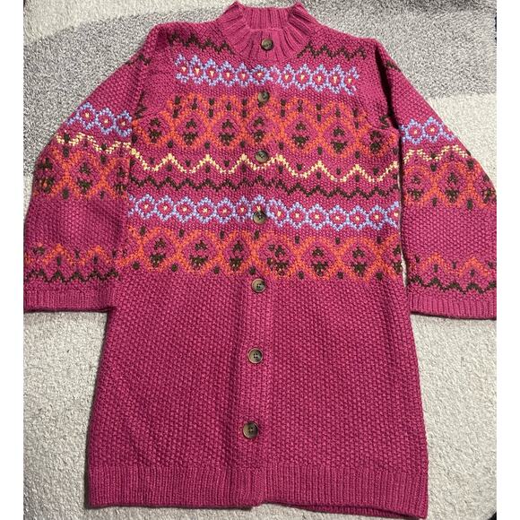Sundance Long Chunky Fair Isle Button Down Cardigan Sweater Womens Small Pink - Picture 1 of 10